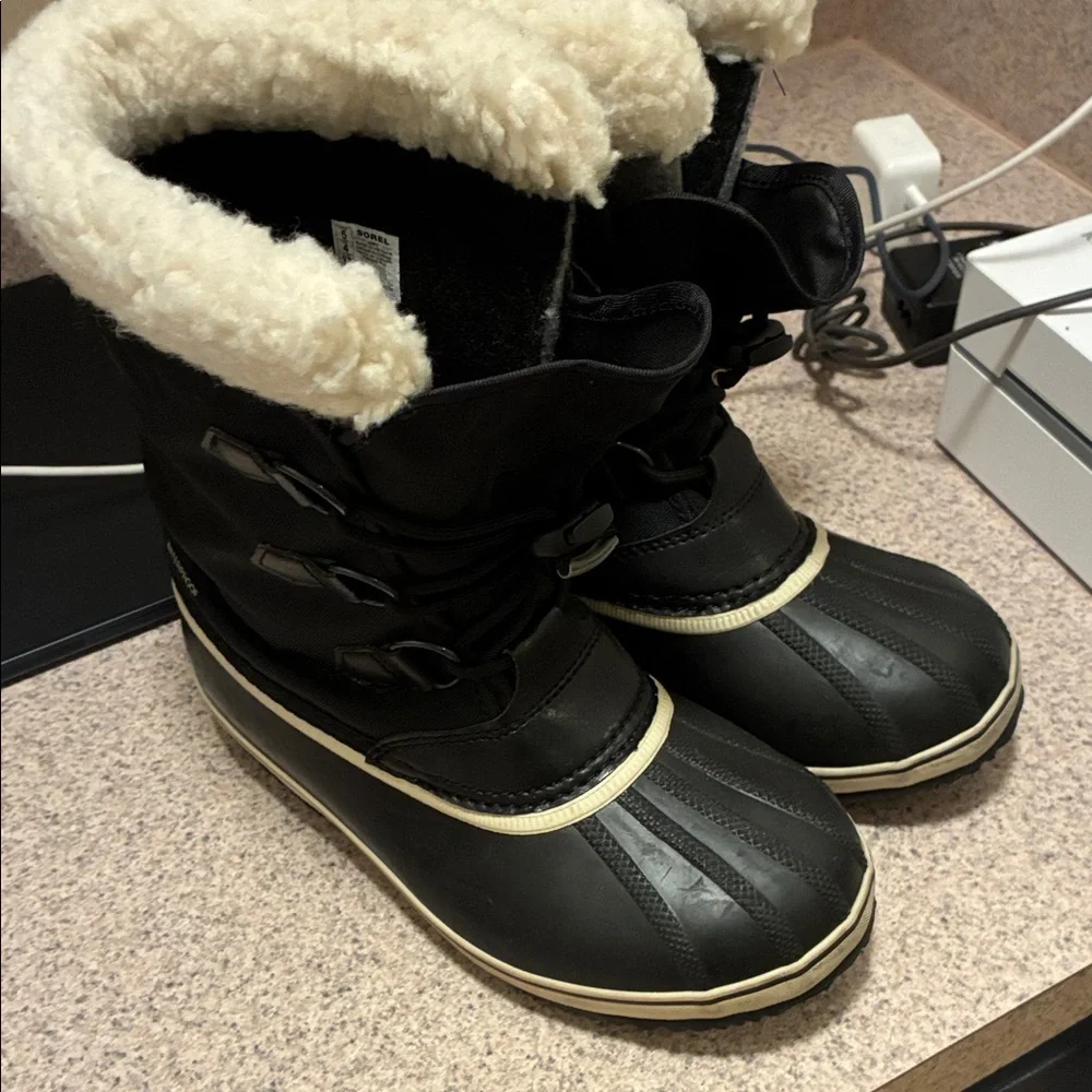 Sorel Black and Cream Kids Snow Boots